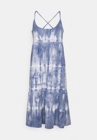 Niebieska sukienka w stylu tie-dye z cienkimi ramiączkami i rozkloszowanym dołem. Wykonana z miękkiego materiału, z warstwowym wzorem i plecami w krzyż.