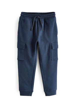 Sötétkék melegítőnadrág, puha anyagból, rugalmas derékkal, húzózsinórral és két oldalsó zsebből álló cargo zsebekkel.