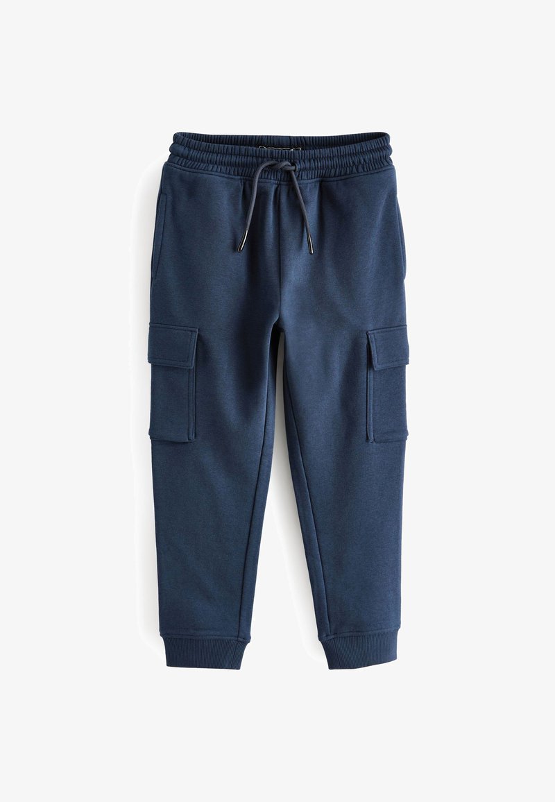 Granatowe dresy wykonane z miękkiego materiału, z elastycznym paskiem w talii, sznurkiem do regulacji oraz dwiema bocznymi kieszeniami cargo.