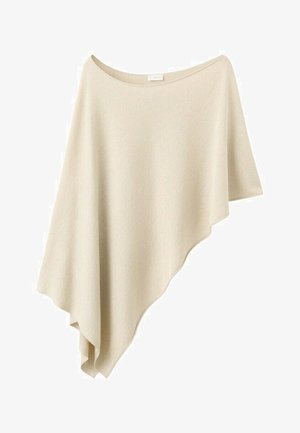 Cremefarbener asymmetrischer Poncho mit weitem Bootsausschnitt und weicher, fließender Stoffstruktur.