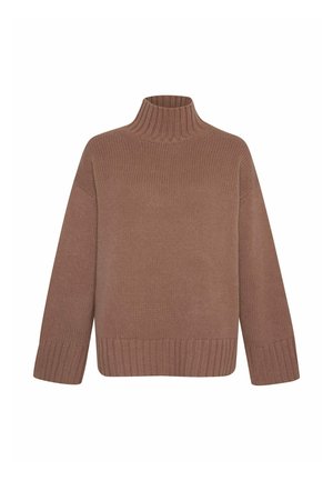 Brauner, gestrickter Rollkragenpullover mit gerippten Bündchen und Saum. Verfügt über eine lockere Passform und ein strukturiertes Muster für zusätzliche optische Akzente.