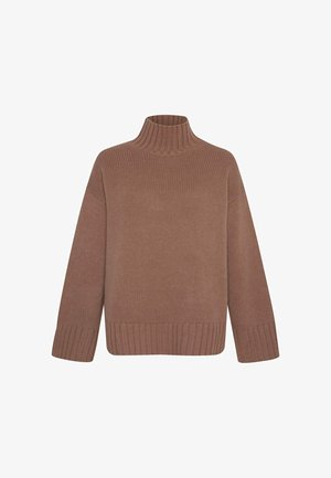 Brauner, gestrickter Rollkragenpullover mit gerippten Bündchen und Saum. Verfügt über eine lockere Passform und ein strukturiertes Muster für zusätzliche optische Akzente.