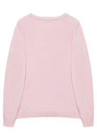 Light pink sweater featuring a round neckline, long sleeves, and ribbed cuffs and hem. Smooth knit texture with a simple design.