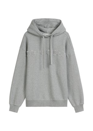Grijze hoodie van zacht stof, met een voorzak in kangoeroestijl, een trekkoordkap en de tekst "Marc O'Polo" geborduurd op de borst.