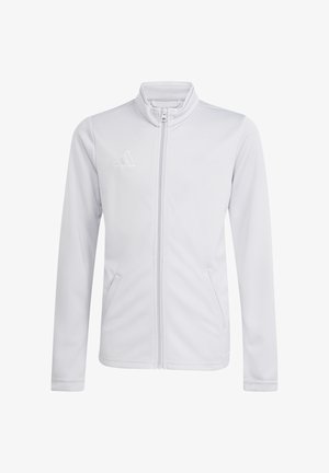 Witte sportjas met volledige ritssluiting, opstaande kraag, zijzakken, lange mouwen en subtiel logo op de linkerborst.