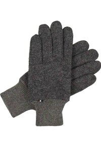 Gants en laine gris avec une finition texturée, un design ajusté et des poignets côtelés. Présentent une légère variation de couleur et une petite étiquette au poignet.