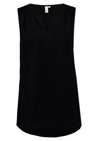 Black sleeveless top featuring a V-neck, loose fit, and a longer back hem. Made from smooth fabric, no visible patterns or embellishments.