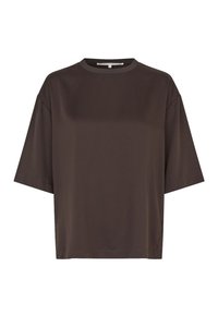 T-shirt marron à manches courtes avec un col rond et une coupe décontractée, fabriqué en tissu lisse, présentant des coutures minimales et un design épuré.