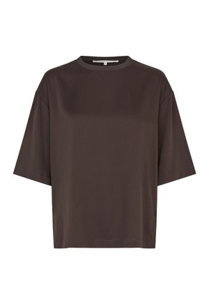 Brązowy T-shirt z krótkim rękawem, okrągłym dekoltem i luźnym krojem, wykonany z gładkiej tkaniny, z minimalną ilością szwów i prostym wzornictwem.