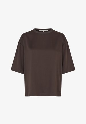 Camiseta marrón de manga corta con cuello redondo y ajuste relajado, hecha de tela suave, con costuras mínimas y un diseño sin adornos.