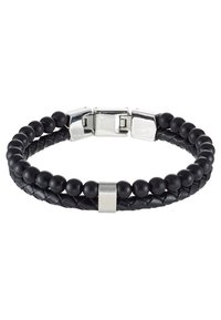 Black braided leather bracelet with round black beads and a silver clasp. Features a textured design with smooth accents.