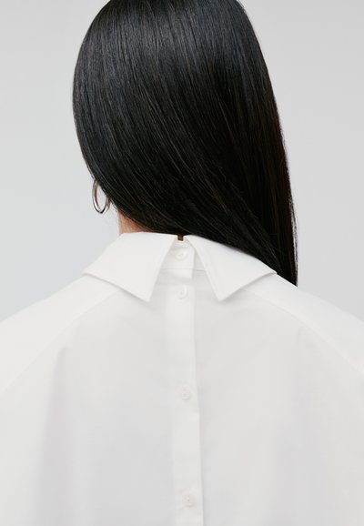 White shirt with a classic collar, featuring button closure at the back and a smooth, slightly structured fabric. Hair lies behind the collar.