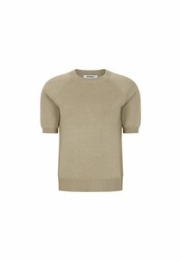 Maglione beige a maniche corte con scollatura a girocollo, orlo a costine e maniche raglan in un morbido e leggero tessuto a maglia.