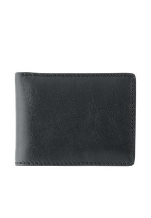 Zwart leren bifold portemonnee met zichtbare stiksels langs de randen, gesloten weergegeven tegen een witte achtergrond.