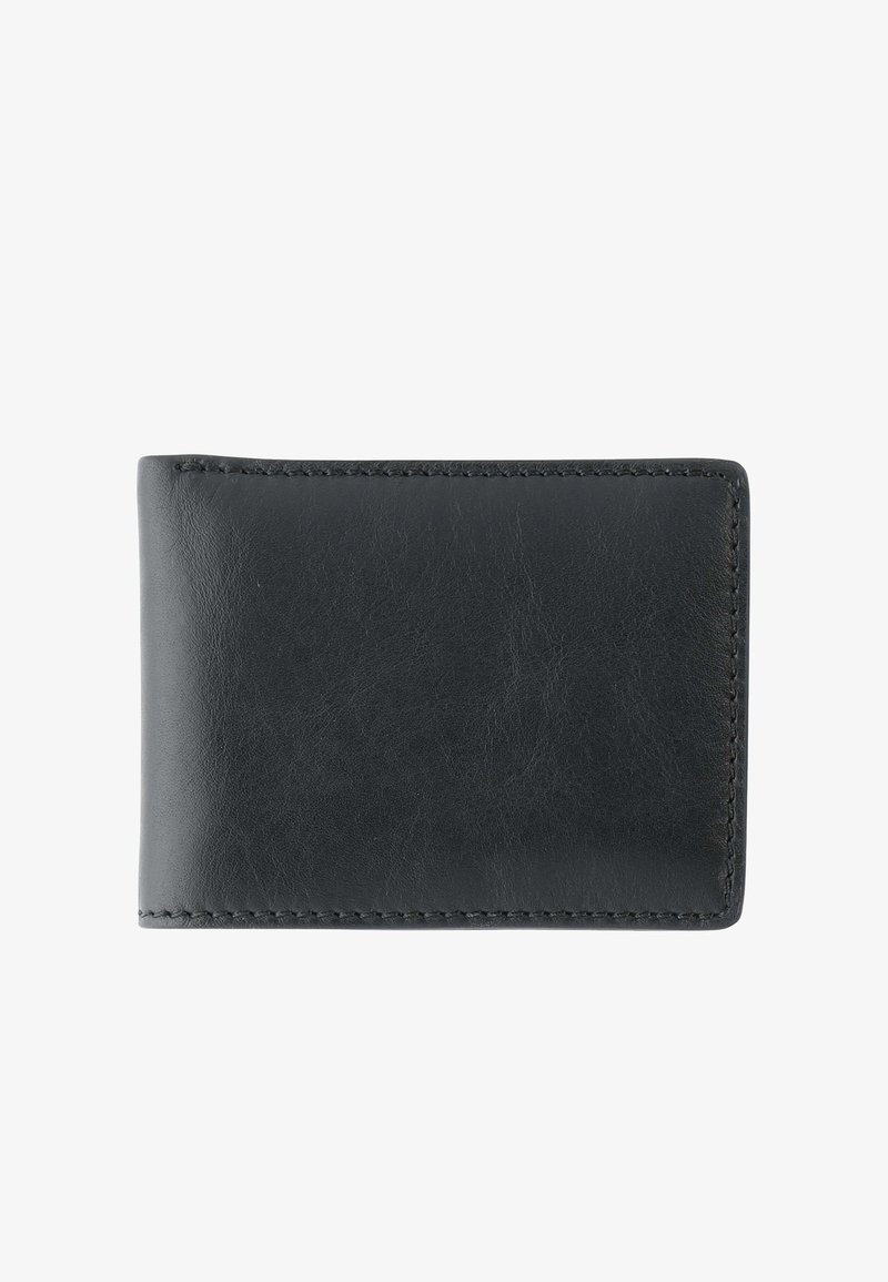 Portefeuille bifold en cuir noir avec coutures visibles sur les bords, présenté fermé sur un fond blanc.