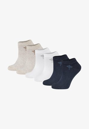 Set di cinque paia di calzini alla caviglia in cotone, disponibili nei colori: beige, bianco e blu navy. Progettati con polsini a coste e una delicata ricamo del logo.