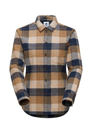 Braun und marineblau kariertes Flanellhemd mit langen Ärmeln, geknöpften Bündchen und Brusttasche. Verfügt über einen abgerundeten Saum und Holzknöpfe.