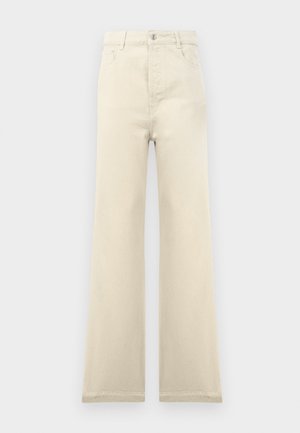 Beige wide-leg jeans made of soft cotton with a zipper fly, five-pocket design, and subtle stitching detail on hem and pockets.