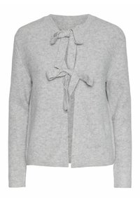 Cardigan grigio chiaro lavorato a maglia con trama a coste, apertura frontale e due fiocchi al collo. Maniche lunghe e vestibilità comoda.