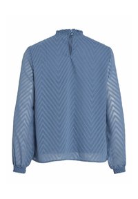 Blå gennemsigtig bluse med lange ærmer, chevron-mønster, elastiske manchetter, flæset høj hals og knaplukning på ryggen.