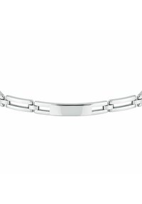 Bracciale d'argento con anelli intrecciati, caratterizzato da un pezzo centrale rettangolare liscio e una finitura lucida. Riflette la luce con un design senza soluzione di continuità.