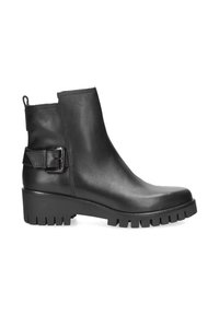Black leather ankle boot with chunky sole, rectangular toe, rear pull tab, and side buckle detail for secure fit. Textured upper finish.