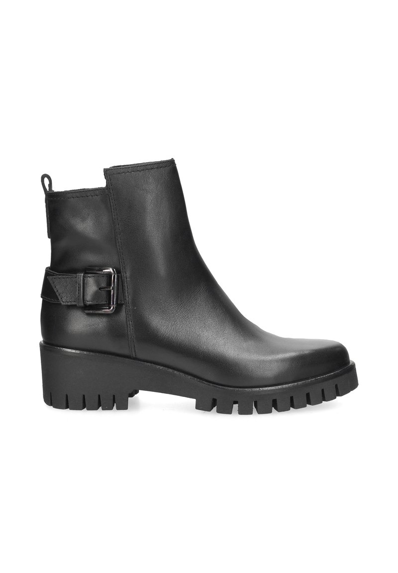 Black leather ankle boot with chunky sole, rectangular toe, rear pull tab, and side buckle detail for secure fit. Textured upper finish.