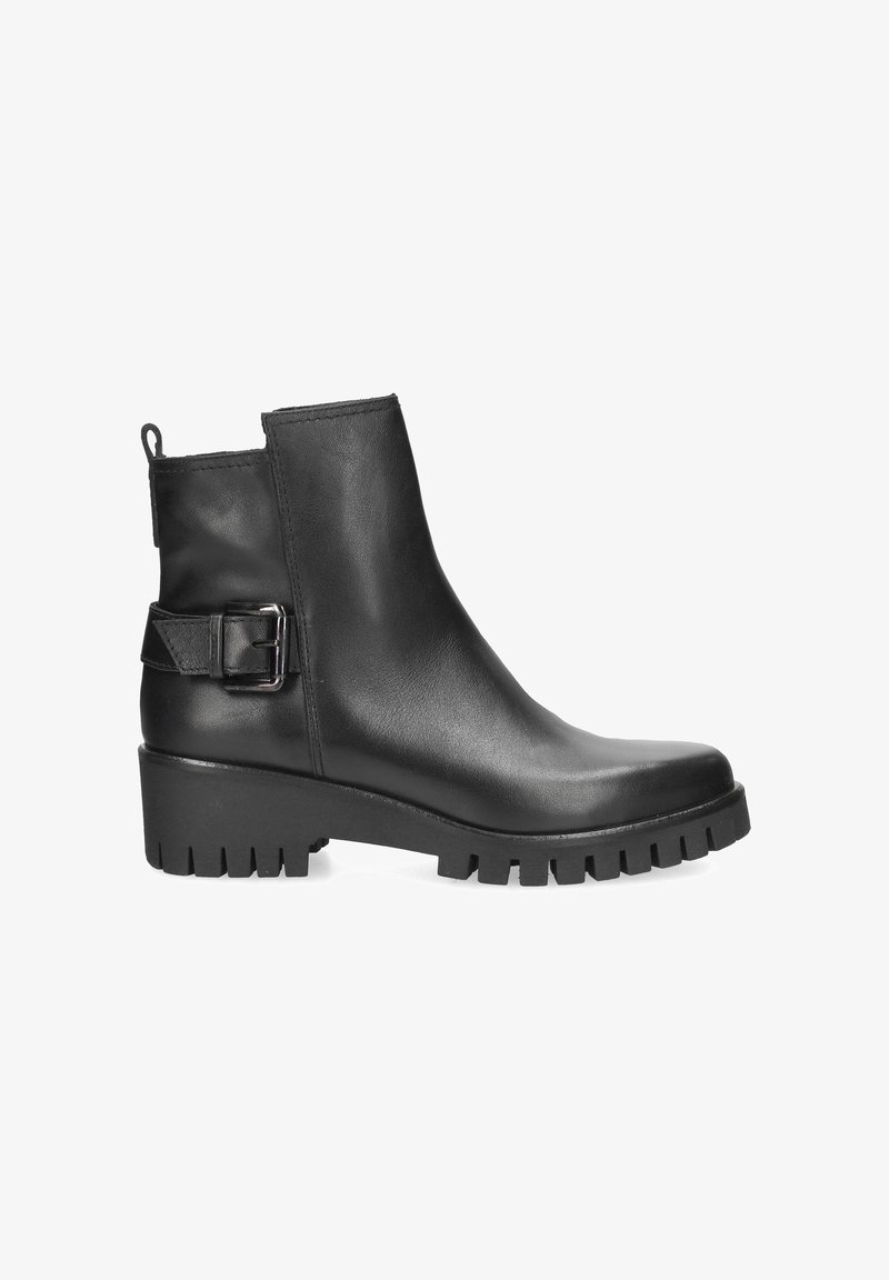 Black leather ankle boot with chunky sole, rectangular toe, rear pull tab, and side buckle detail for secure fit. Textured upper finish.