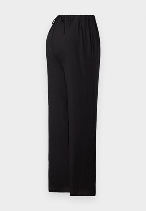 Black, relaxed-fit trousers made of lightweight fabric. Features an elastic waistband with a drawstring, straight leg design, and flat hem.