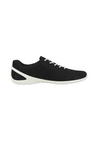 Schwarzer Sportschuh mit einer glatten Oberseite, weißen Schnürsenkeln und einer strukturierten Gummisohle. Verfügt über ein perforiertes Design und kontrastierende Fersenschale.