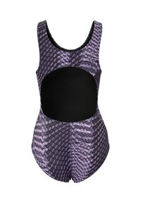 Eénpiece badpak met paarse hexagonale patroon en grote zwarte uitsnijding op de rug, mouwloos met een ronde hals.