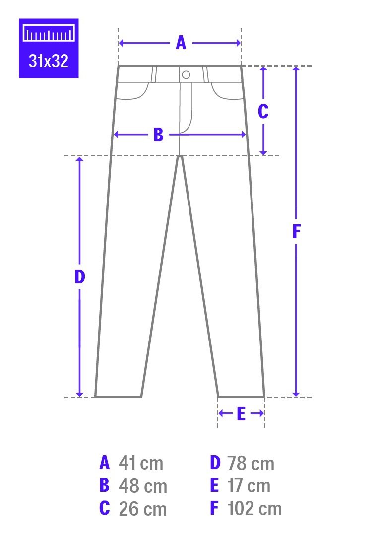 Hose Umriss mit Maßen: Taille 41 cm, Hüfte 48 cm, Vorderhöhe 26 cm, Innenbeinlänge 78 cm, Beinöffnung 17 cm, Gesamtlänge 102 cm.