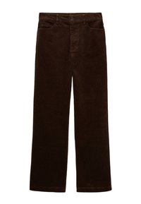 Pantalons en velours côtelé marron avec une coupe droite. Comprend des boutons, des passants de ceinture et des poches avant. Texture douce, détails minimes.