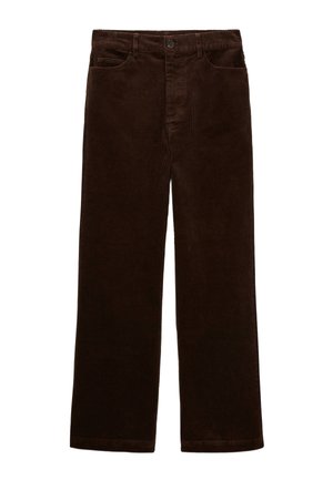 Pantalons en velours côtelé marron avec une coupe droite. Comprend des boutons, des passants de ceinture et des poches avant. Texture douce, détails minimes.