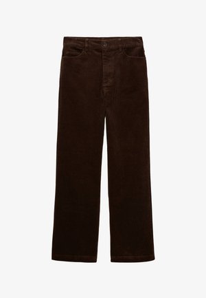Pantalons en velours côtelé marron avec une coupe droite. Comprend des boutons, des passants de ceinture et des poches avant. Texture douce, détails minimes.