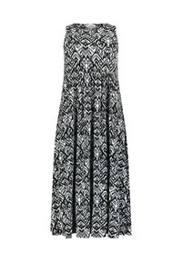 Černobíle vzorované bezrukávové šaty s kulatým výstřihem a rozšířenou sukní. Materiál vypadá lehce s geometrickým designem.
