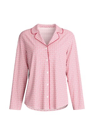 Haut de pyjama à manches longues rose, avec un motif circulaire blanc répétitif, un liseré contrastant et un devant boutonné.
