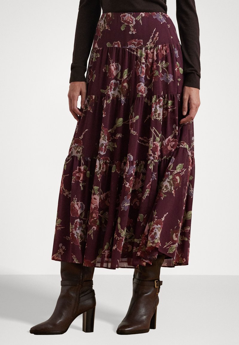 Lauren Ralph Lauren FLORAL CRINKLE GEORGETTE TIERED SKIRT - A-silueta svārki - burgundy multi