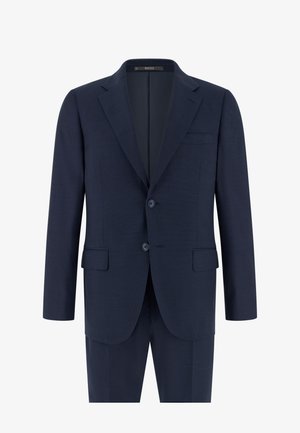 Marineblauer Herren-Sakko mit zwei Knöpfen, Stegkragen, Pattentaschen und einer Brustleistentasche, kombiniert mit passenden Hosen.