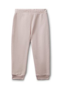 Svetle růžové tepláky z měkké látky. Mají elastický pás a žebrované manžety. Přímočaré nohavice bez viditelných vzorů.