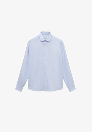 Lyseblå langærmet skjorte i et glat stof, med klassisk krave, fuld knaplukning og rundet søm med knapærmer.