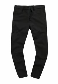 Pantaloni neri in tessuto elasticizzato con vestibilità slim, dotati di zip frontale, chiusura con bottone e tasche anteriori. Texture liscia e senza fantasie.