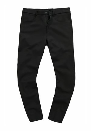 Schwarze, dehnbare Stoffhosen mit schmaler Passform, ausgestattet mit einem Reißverschluss, Knopfverschluss und frontalen Taschen. Glatte Textur und ohne Muster.