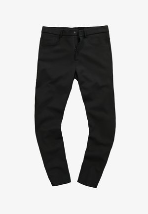 Czarne spodnie z rozciągliwego materiału o dopasowanym kroju, z zamkiem błyskawicznym, zapięciem na guzik oraz kieszeniami z przodu. Gładka tekstura, bez wzorów.