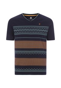 Navy blue short-sleeve T-shirt with a V-neck, featuring geometric patterns in turquoise and orange across horizontal stripes.