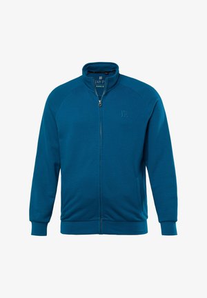 Zamykana kurtka w kolorze niebiesko-zielonym, wykonana z miękkiego materiału. Posiada wysoki kołnierz, rękawy raglanowe oraz boczne kieszenie. Dyskretny logo na klatce piersiowej.