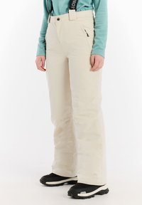 Beige sneeuwbroeken met een lichte glans, voorzien van een ritszak aan de zijkant, verstelbare bretels en een ontspannen pasvorm. Gecombineerd met zwarte schoenen.