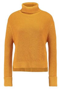 Pull col roulé en maille épaisse jaune moutarde avec manches longues et poignets et ourlet côtelés.