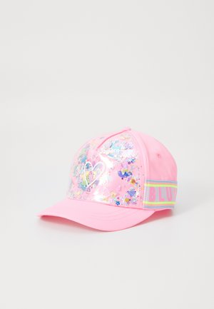 Rosa Baseball-Cap mit einem transparenten vorderen Panel, verziert mit bunten Blumenakzenten und einem mehrfarbigen "BLUV"-Band an der Seite.