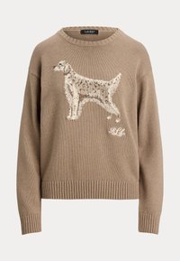 Beige strikkegenser med et teksturert hundedesign foran og ribbede mansjetter og kant. Merkevarenavnet vises i hvitt nederst til høyre.